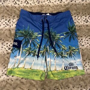 Corona Mens Swim Shorts‎ Size 36 Blue Palm Tree Print Trunks Mesh Lined Lace Up